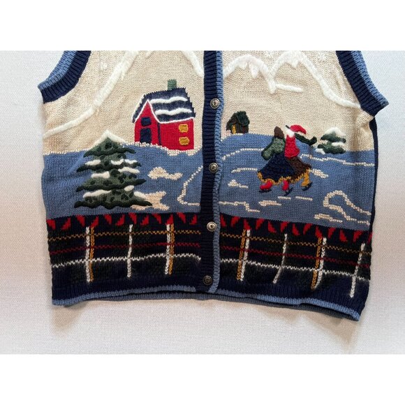 Nutcracker Women's Christmas Button Front Sweater Vest Stretch Size L Beige Blue - Picture 5 of 10